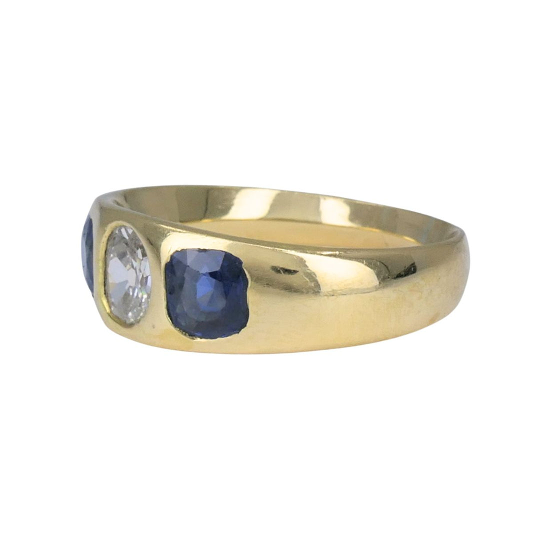 Vintage 18k Gold Sapphire Diamond Gypsy Three Stone Ring