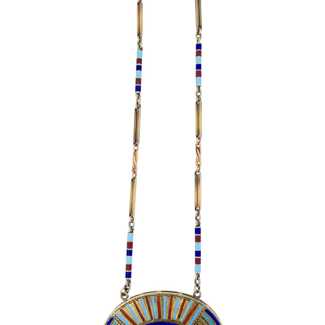 Egyptian Revival 14k Gold Gemstones Enamel Pendant Necklace