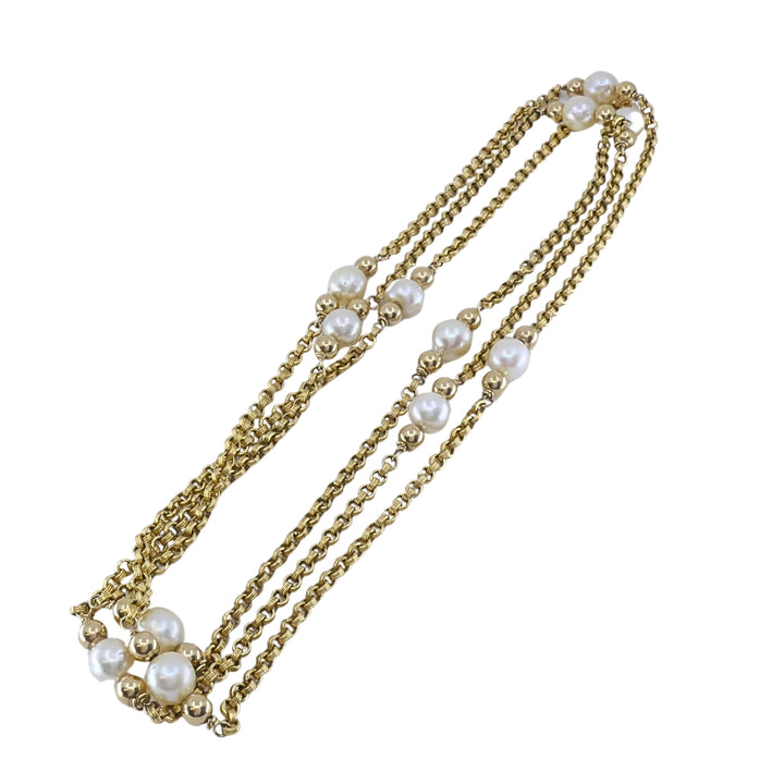 Vintage 10k Gold Cultured Pearl Long Chain Station Necklace