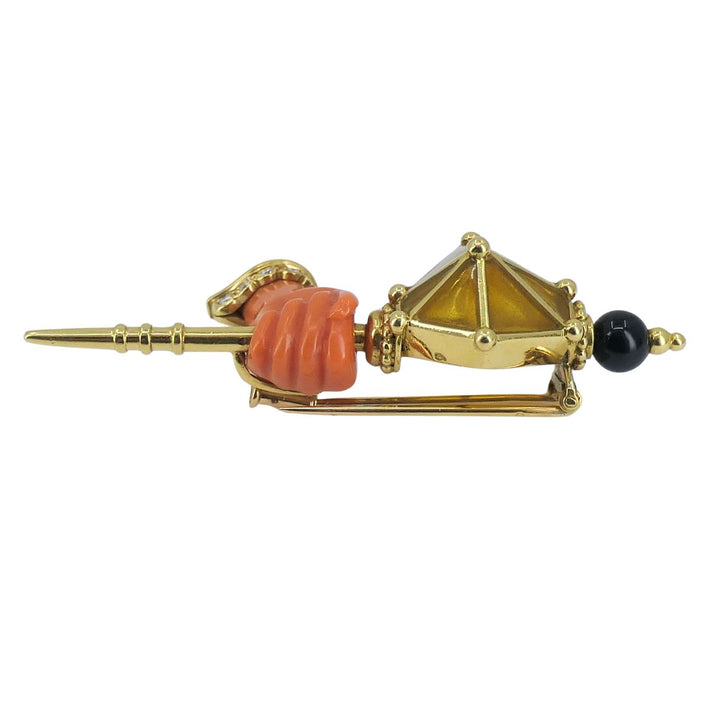 Vintage French 18k Gold Coral Diamond Clip Brooch