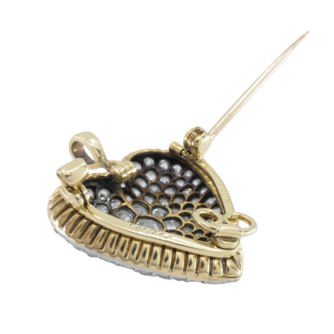 Cartier 18k Gold Platinum Pavé Diamond Heart Brooch-Pendant