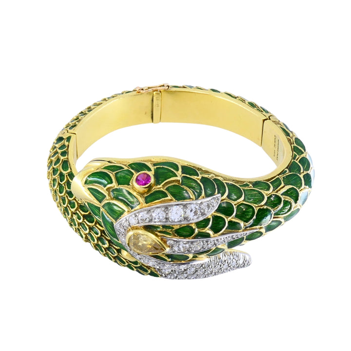 Vintage 18k Gold Platinum Snake Bangle Bracelet Diamond Yellow Sapphire Ruby