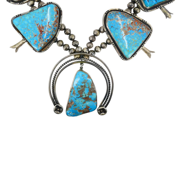 Signed Navajo Native Indian Sterling Silver Turquoise Squash Blossom Necklace