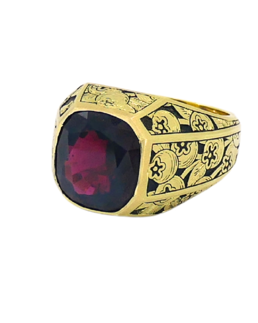 Garnet Ring Engraved 18k Gold Men Ring Cushion Cut