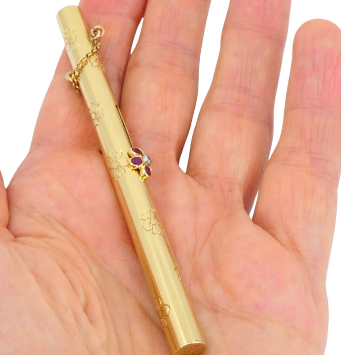 Retro 1940s Van Cleef & Arpels 14k Gold Ruby Pocket Make-Up Brush