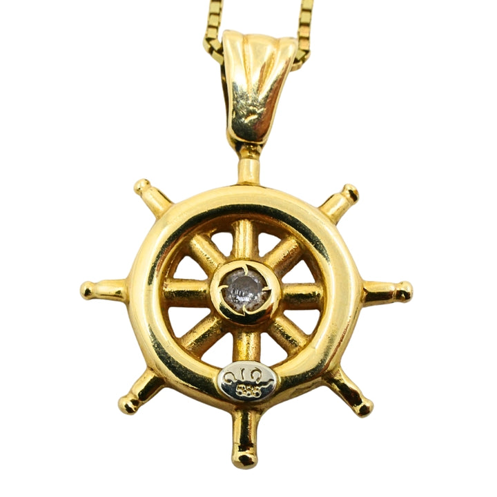 14K Gold Nautical Wheel Pendant Necklace Diamond Accent