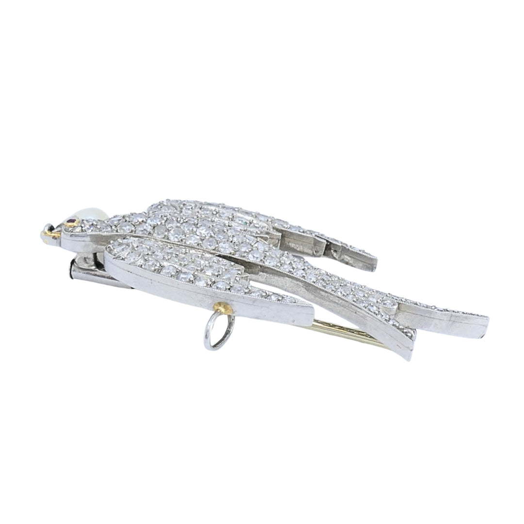 Diamond Pendant Bird Pin with Pearl Drop