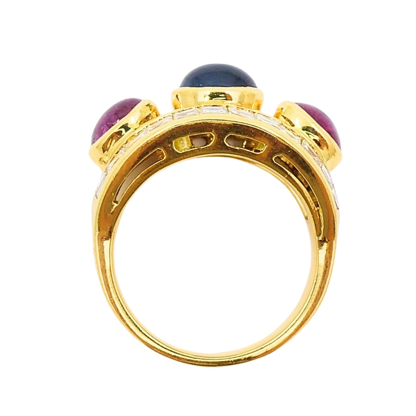 Vintage 18k Gold Ring Cabochon Ruby Sapphire Diamond