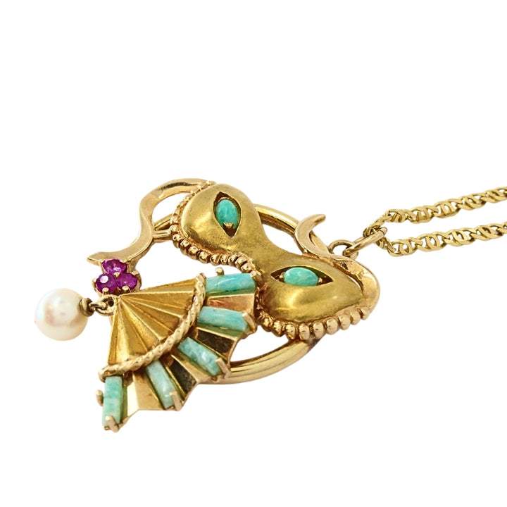 Vintage 14k Gold Masquerade Pendant 18k Gold Chain Necklace