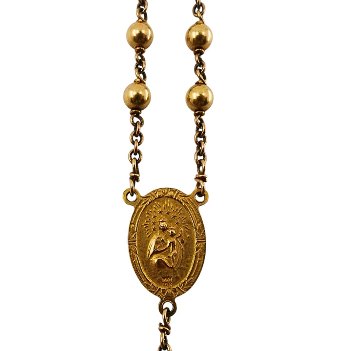 Vintage 10k Gold Beaded Rosary Necklace Medallion & Crucifix