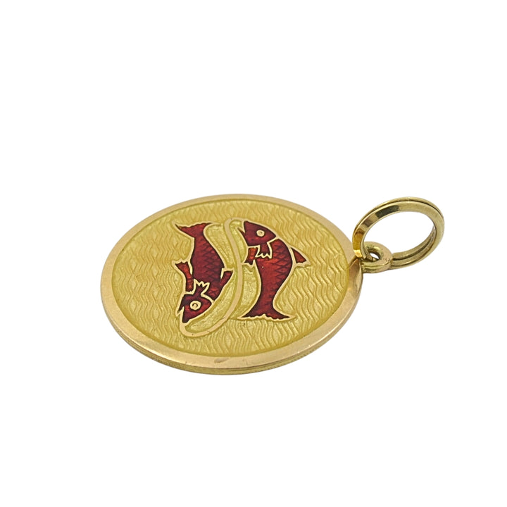 Vintage 18k Gold Red Enamel Necklace Pisces Pendant Zodiac Medallion