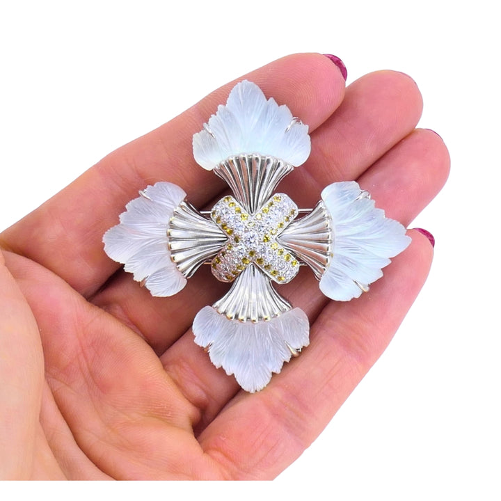 Seaman Schepps 18k Gold Diamond Maltese Cross Brooch Carved Rock Crystal Sapphire