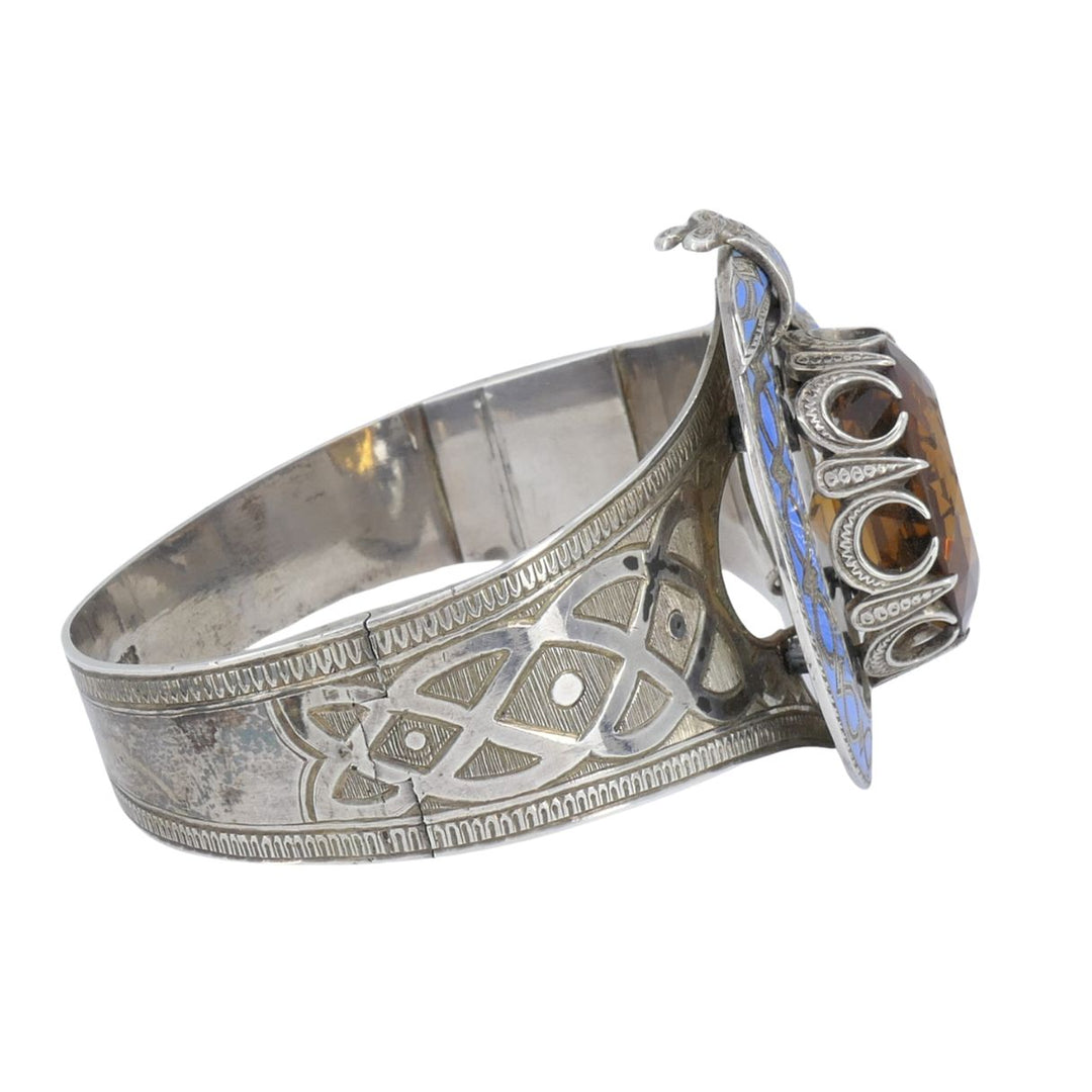 Antique Victorian Mackay Scottish Silver Blue Enamel Citrine Hinged Bracelet