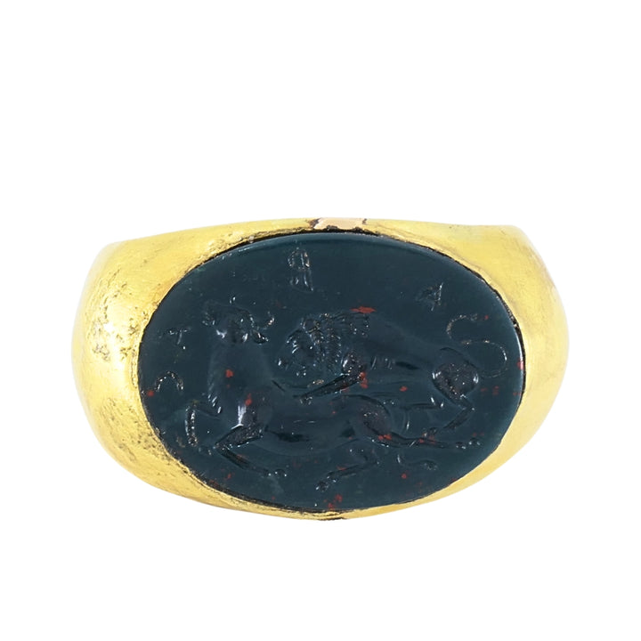 22k Gold Oval Intaglio Lion Bull Signet Ring Greek & Roman Inspired Design
