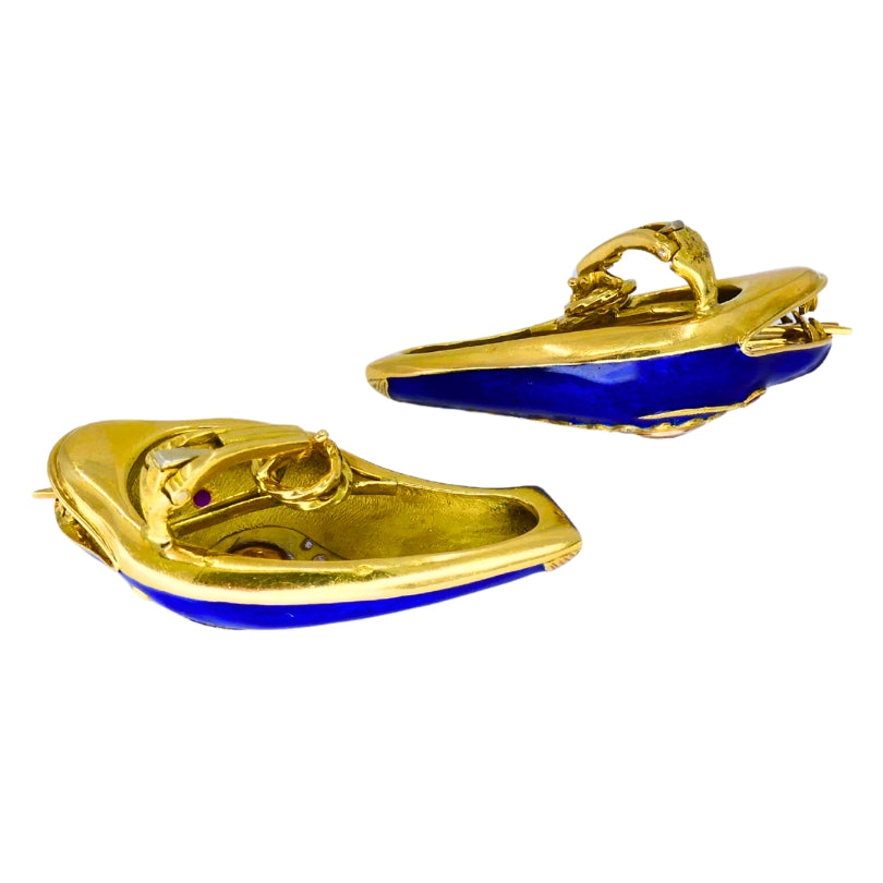 Vintage French 1950s Snake Earrings 18k Gold Platinum Blue Enamel Gemstones