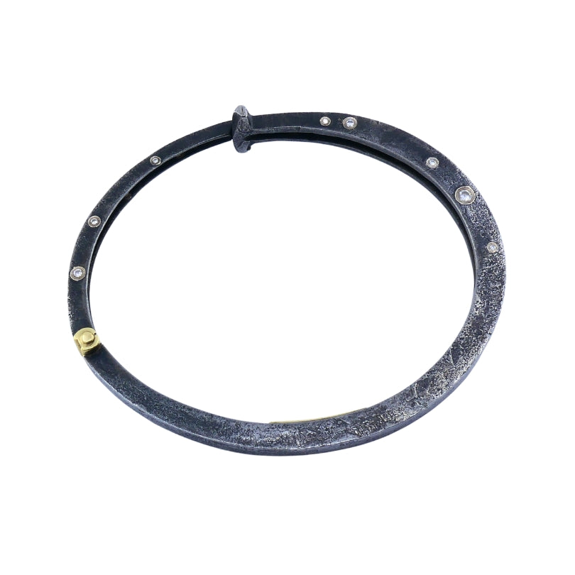 Modern Silver 18k Gold Bangle Bracelet Diamond Accents