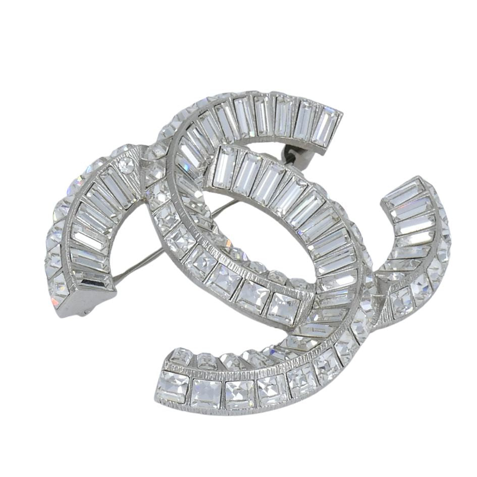 Chanel CC Logo Crystal Silver Pin Brooch
