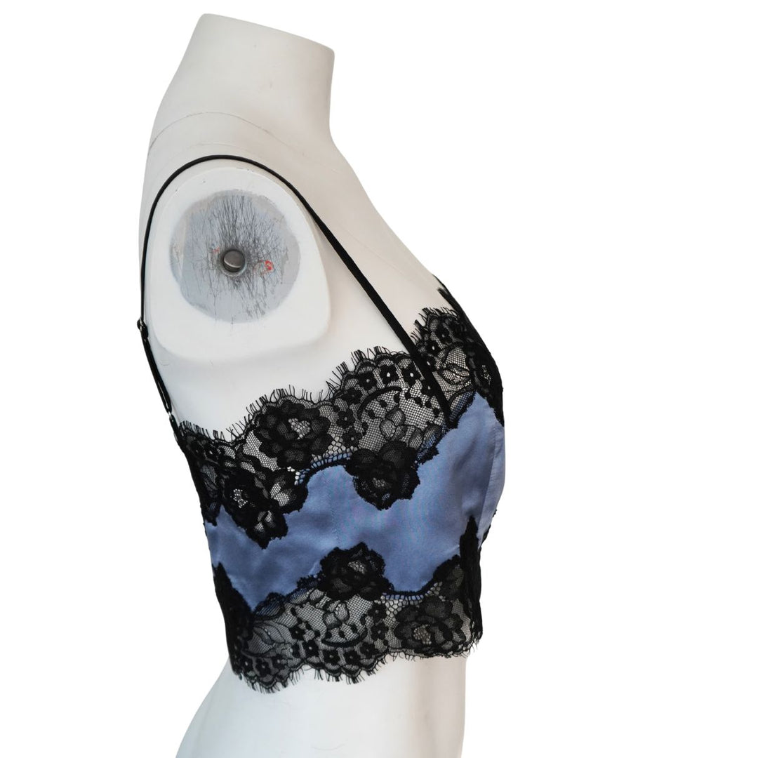 Fleur du Mal Blue Silk Black Lace Cropped Tank Top