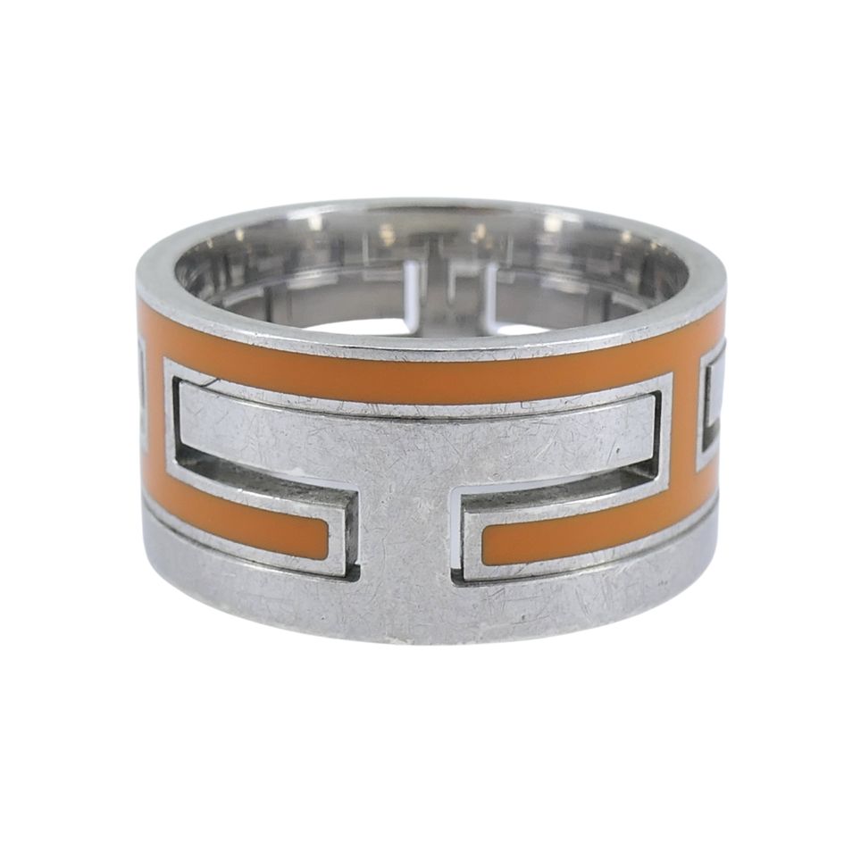Hermès Sterling Silver Orange Enamel 'H' Motif Band Ring