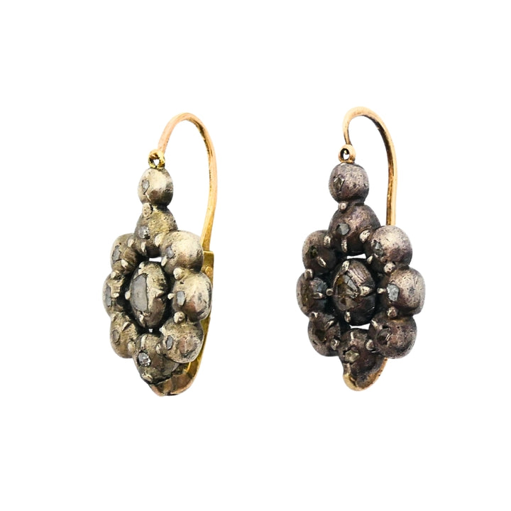 Georgian Silver Earrings 14k Gold Wires Rose Cut Diamonds