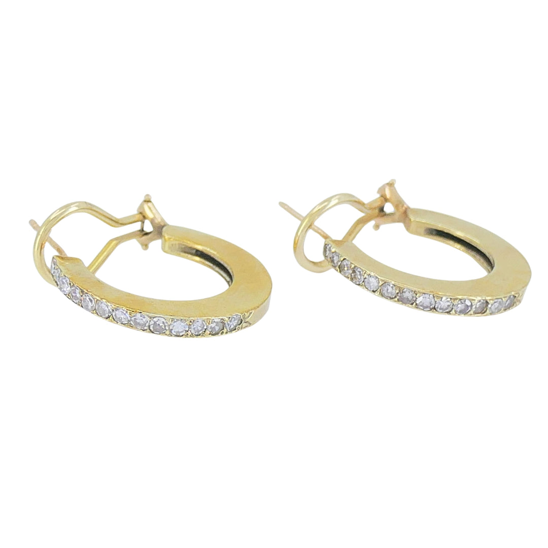 Vintage 14k  Gold Diamond Hoop Earrings with Flat Profile