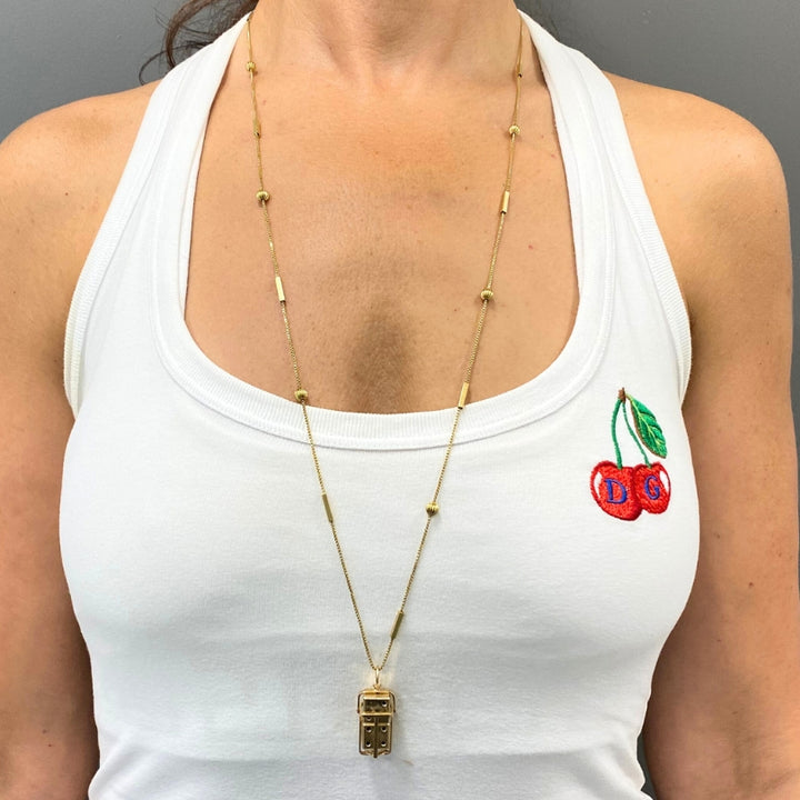 Vintage 14k Gold Dice Pendant with 18k Gold Bar Chain Necklace