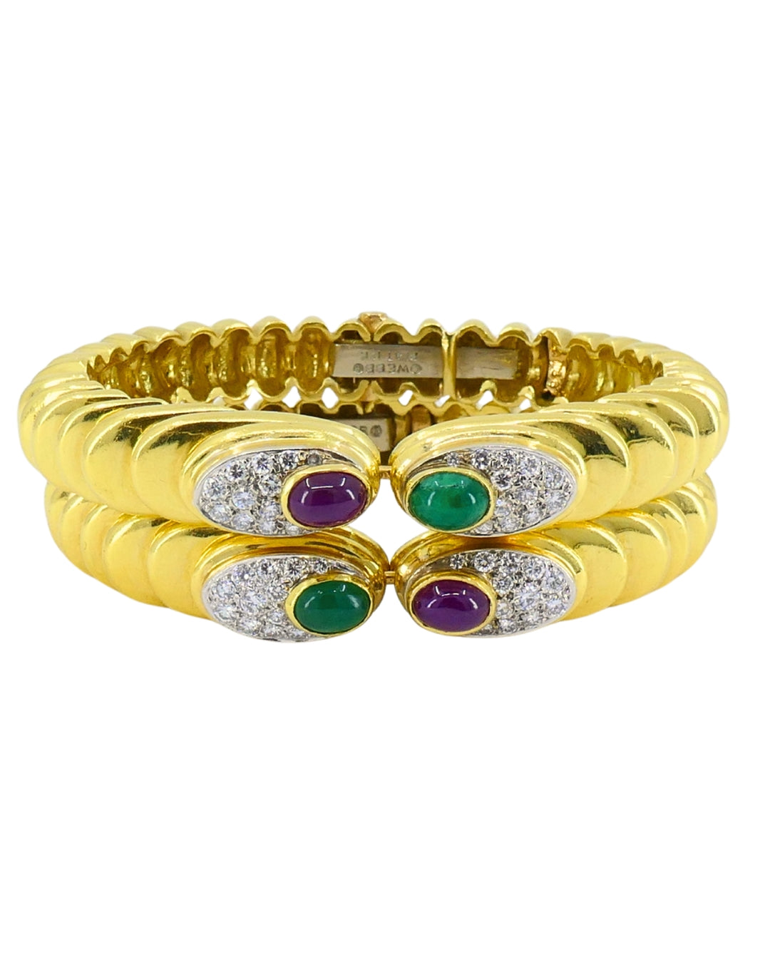 David Webb Pair of 18k Gold Bracelets Platinum Diamond Gemstone Cabochons