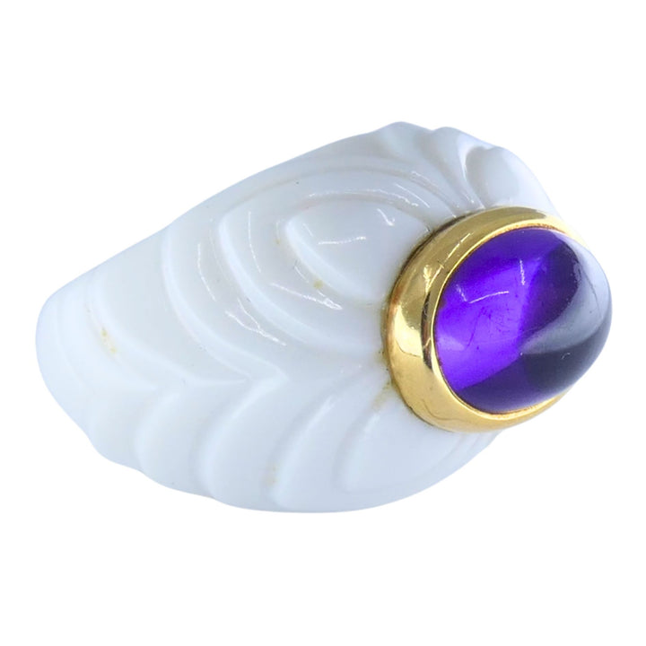BVLGARI Bulgari Chandra Ring 18k Gold Amethyst Porcelain 1990s Ring Size 4