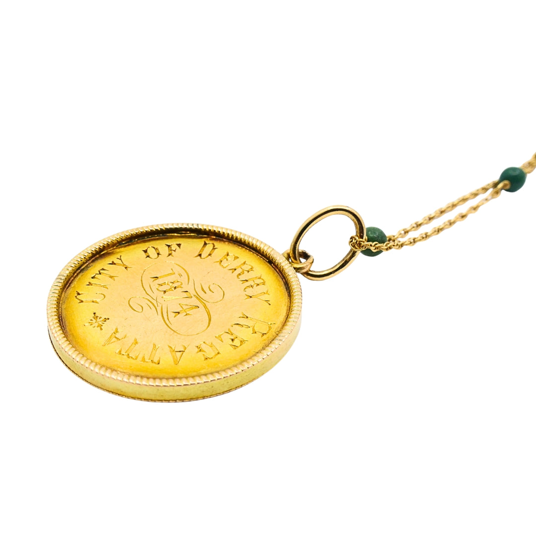 Victorian 14k Gold 1874 Engraved Coin Pendant Necklace