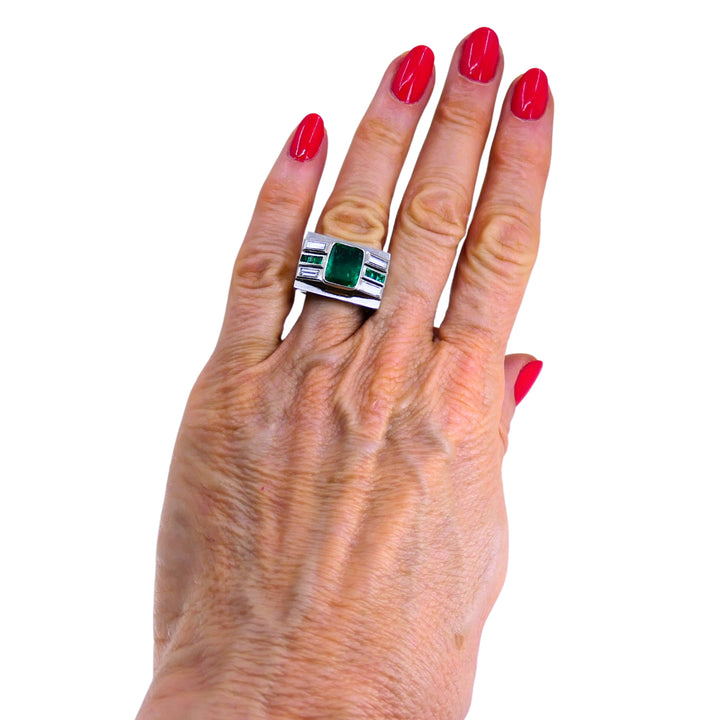 Emerald Diamond Ring Art Deco Revival Platinum Ring French