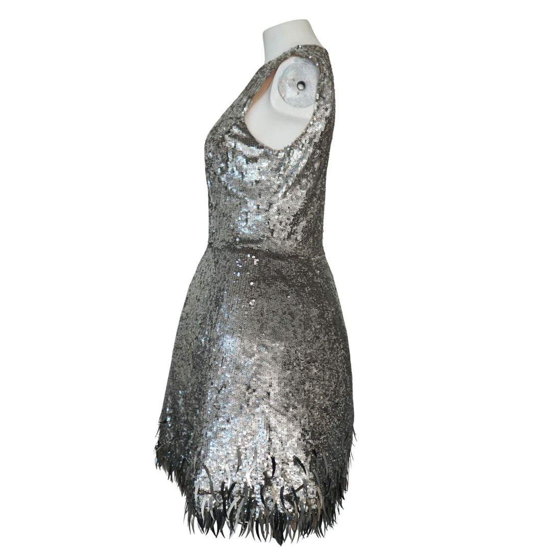 Oscar de la Renta Silver Sequined Fringe Mini Dress