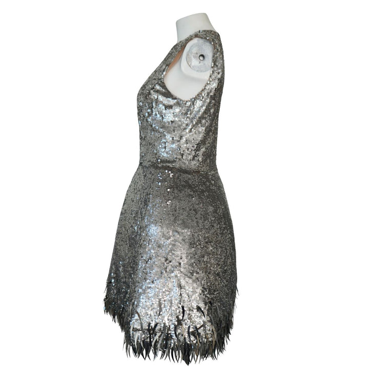 Oscar de la Renta Silver Sequined Fringe Mini Dress