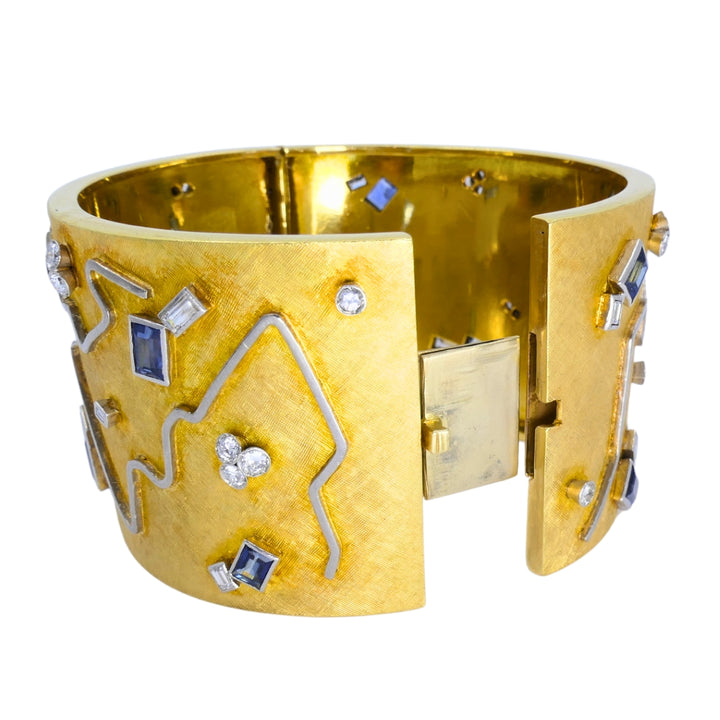 18k Gold Diamond Cuff Bracelet Sapphire Wide Gold Bangle Vintage Jewelry