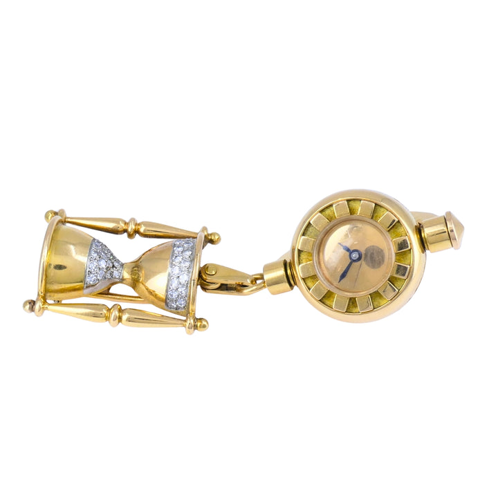 Vintage French Lapel Watch Pin Clip 18k Gold Diamonds