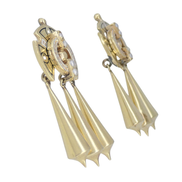Victorian 14k Gold Enamel Seed Pearl Mechanical Drop Earrings