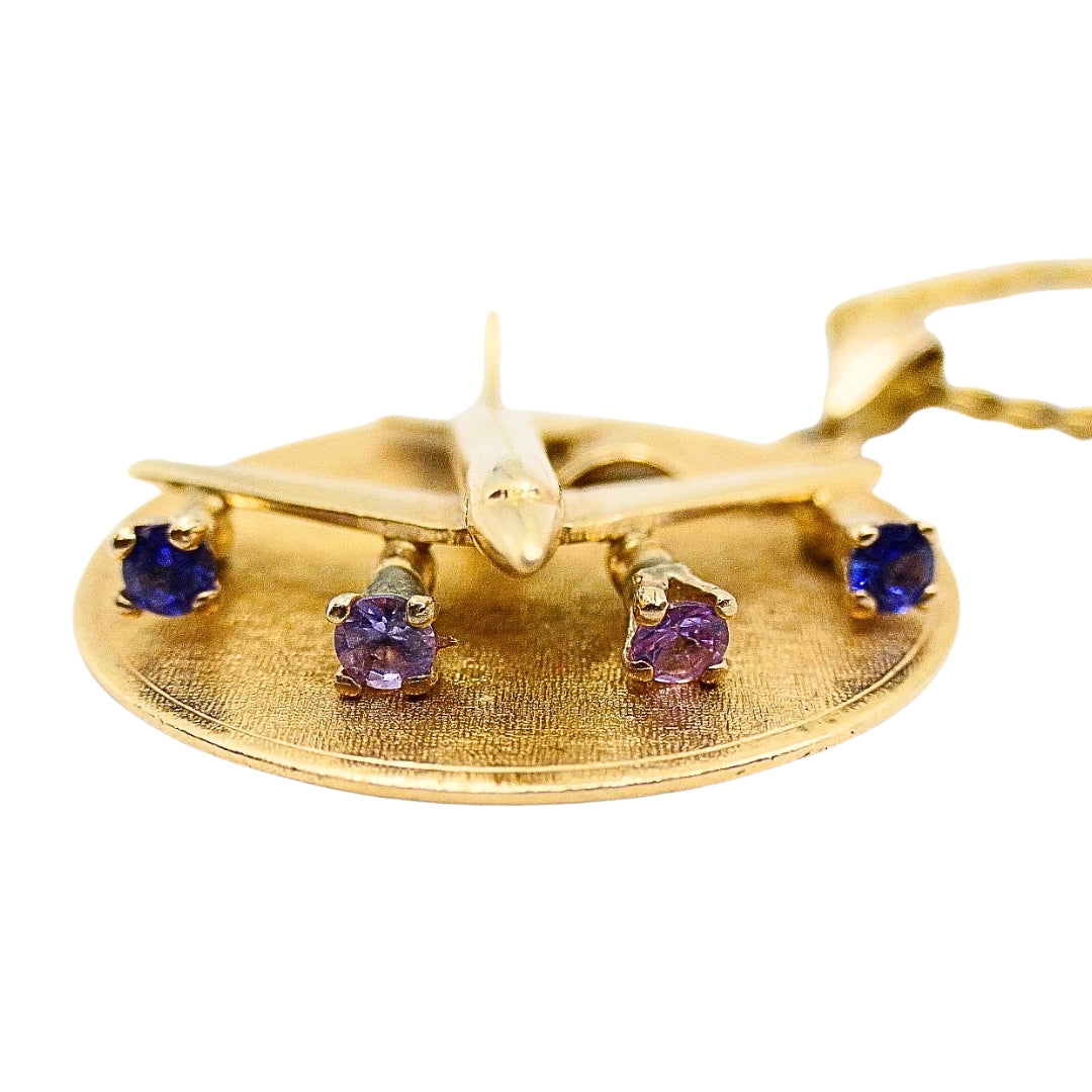 Vintage 14k Gold Airplane Pendant Gemstones 18k Gold Chain Necklace