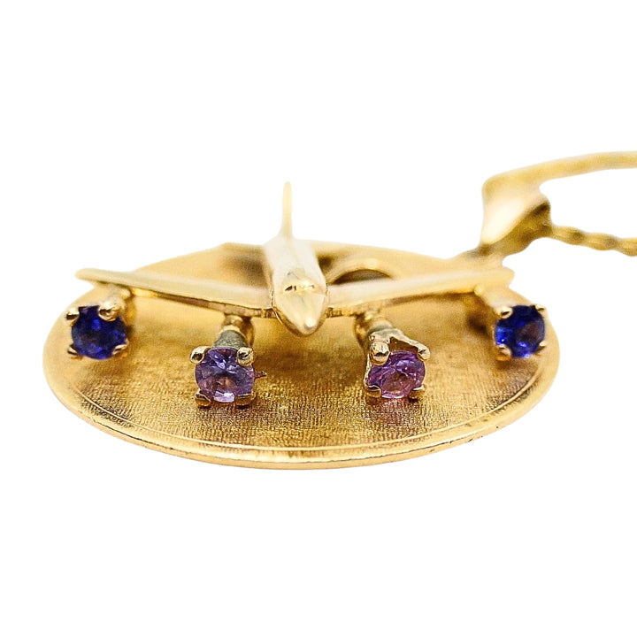 Vintage 14k Gold Airplane Pendant Gemstones 18k Gold Chain Necklace