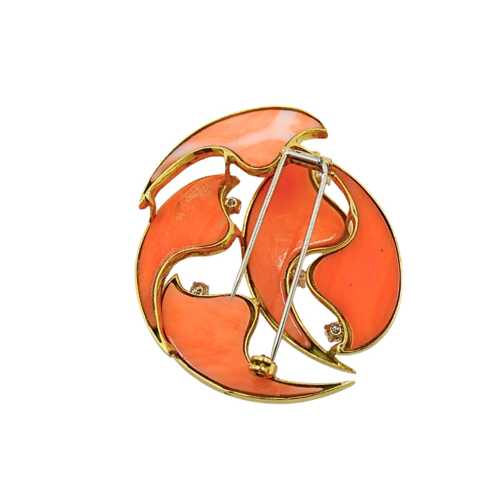 French Vintage Coral Diamond Brooch 18k Gold