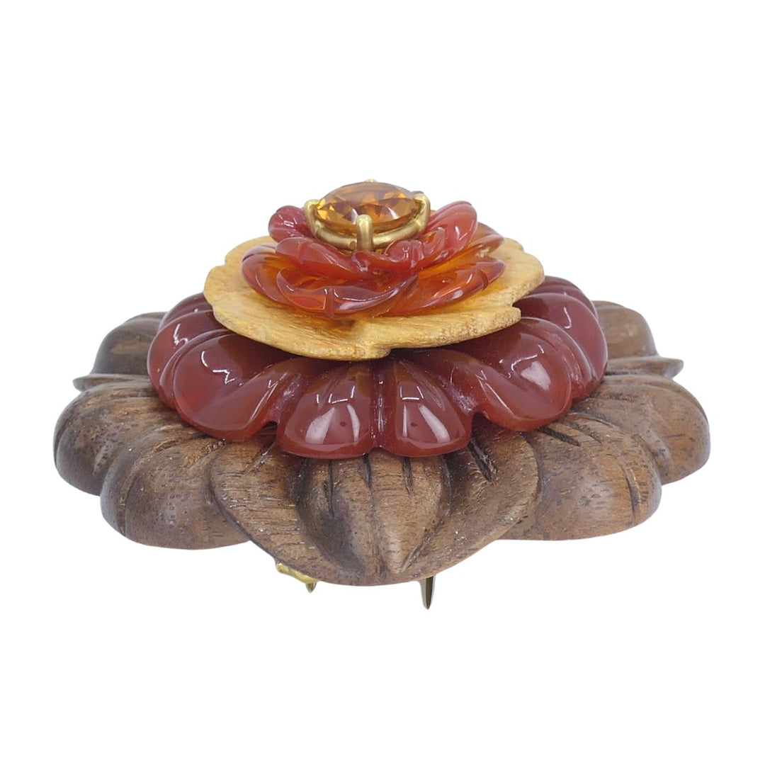 Bettina Gabetti for Trianon Flower Brooch 18k Gold Carved Wood Carnelian Citrine