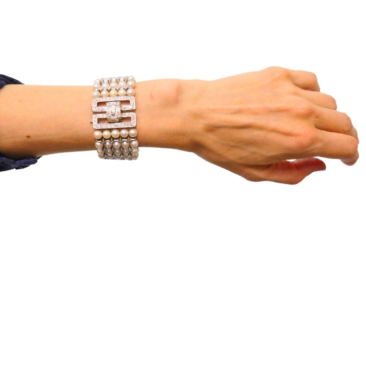 Vintage 1950s 14k White Gold Pearl and Diamond Bracelet Estate Jewelry