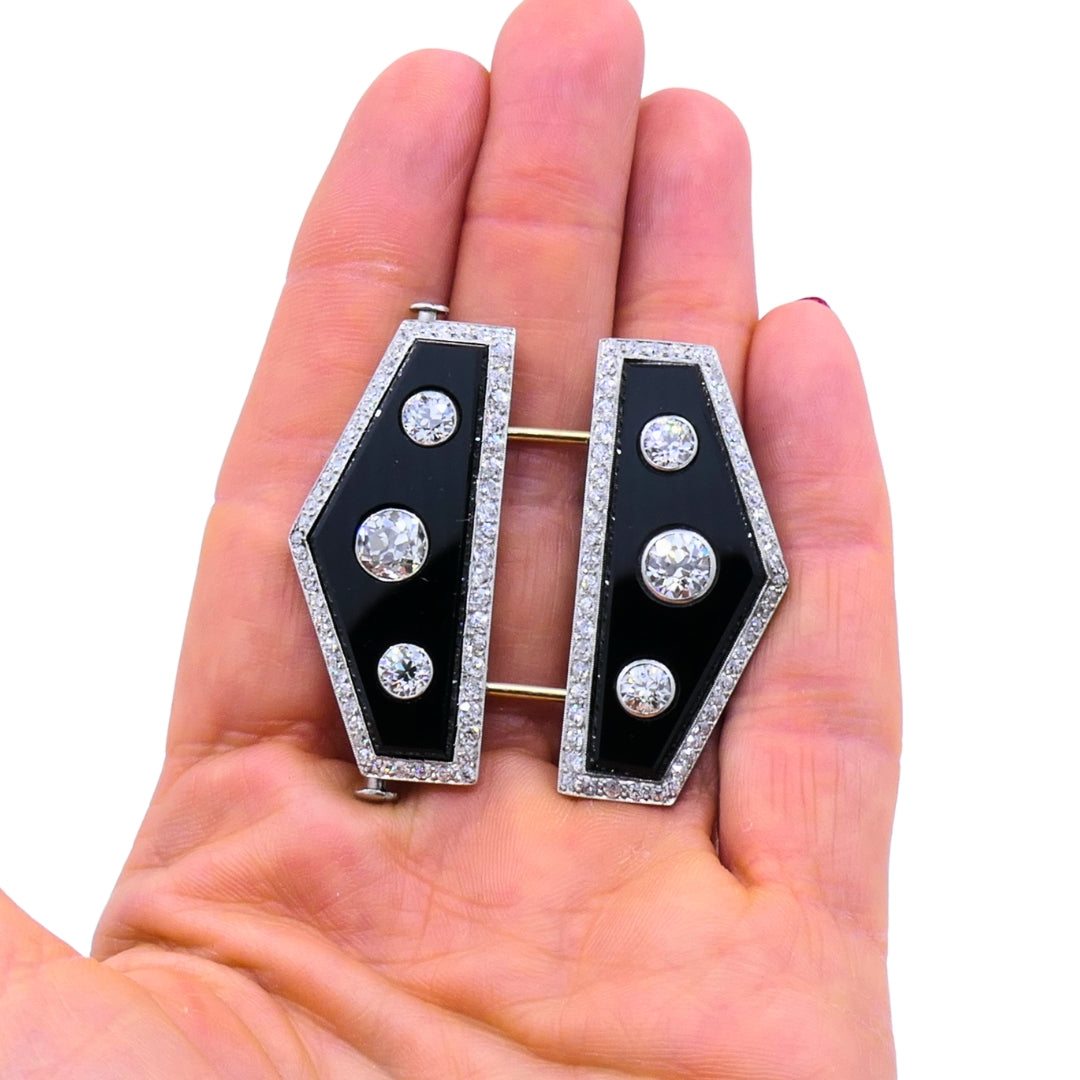 Art Deco Platinum Diamond & Onyx Double Clip Brooch Charlton & Co.