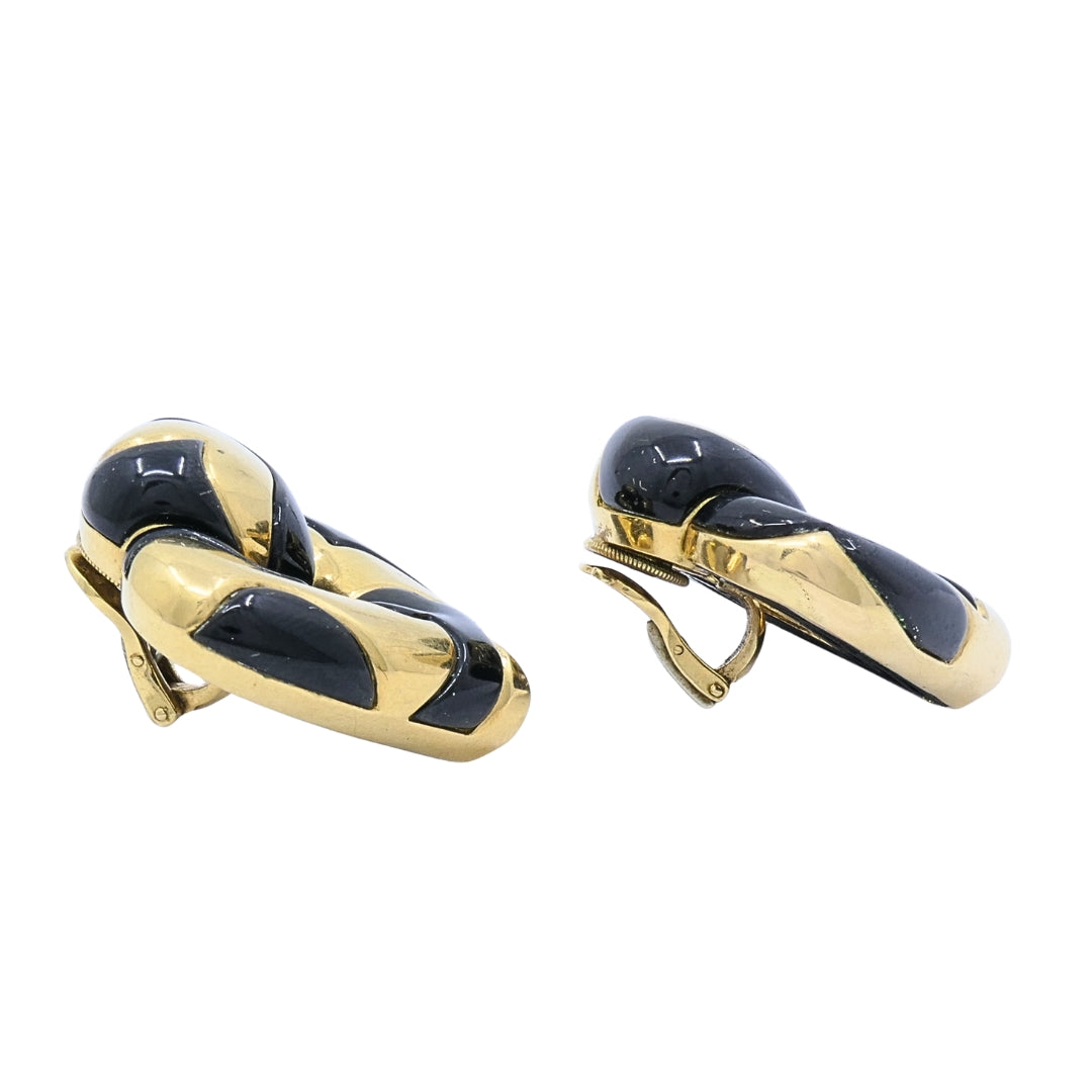 Marina B 18k Gold Black Enamel Heart Earrings Vintage Italian Designer Clip-Ons