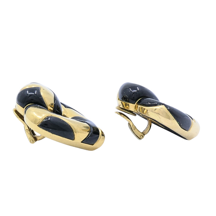 Marina B 18k Gold Black Enamel Heart Earrings Vintage Italian Designer Clip-Ons