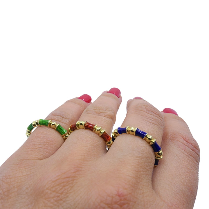 Tiffany & Co. Enamel Bamboo Stacking Rings 18k Yellow Gold Blue Green & Red