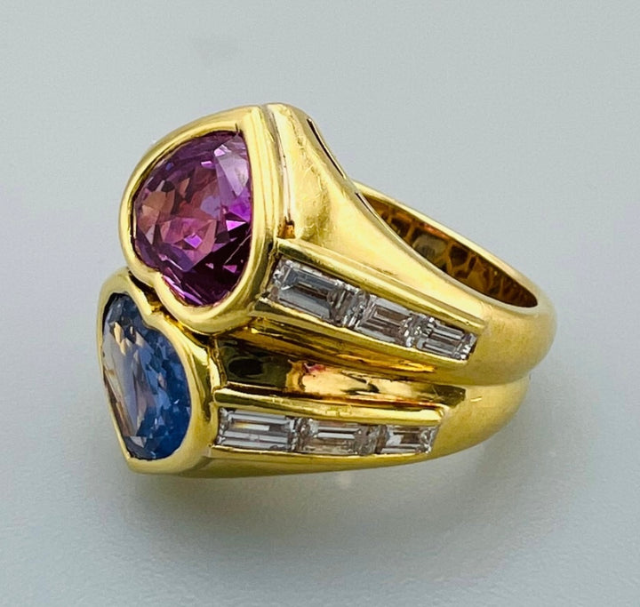 1980's Bulgari 7.67 Carat Blue and Pink Sapphire and Diamond Double Heart Ring w/ GIA