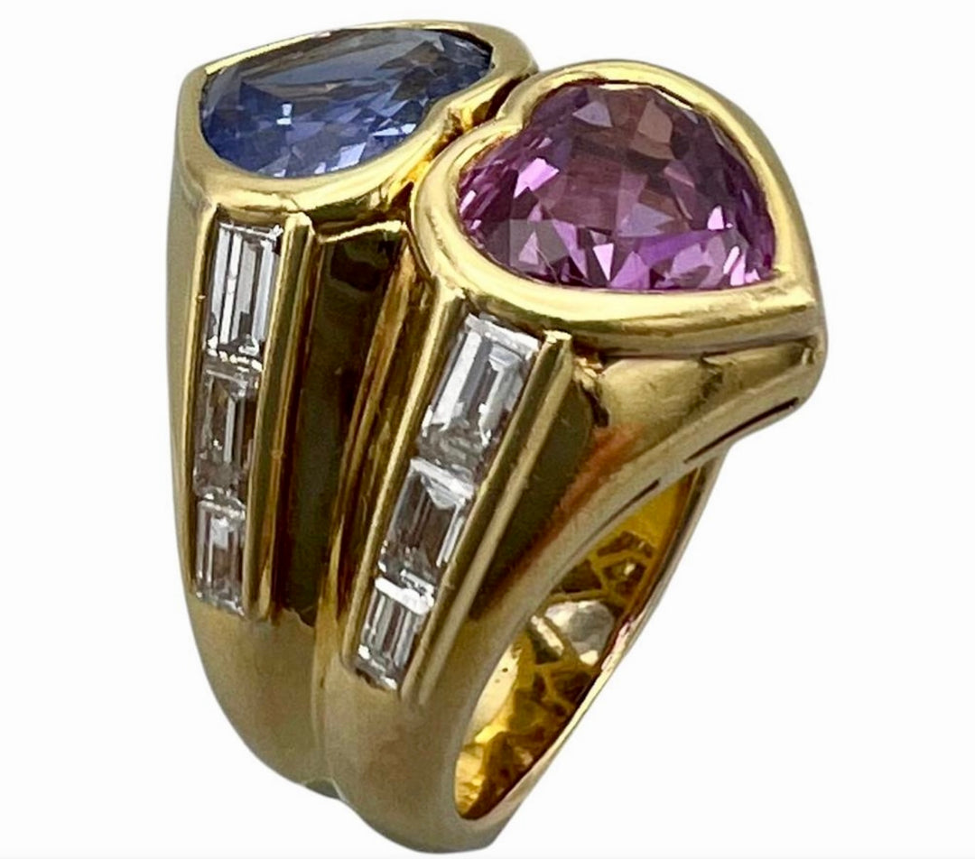 1980's Bulgari 7.67 Carat Blue and Pink Sapphire and Diamond Double Heart Ring w/ GIA