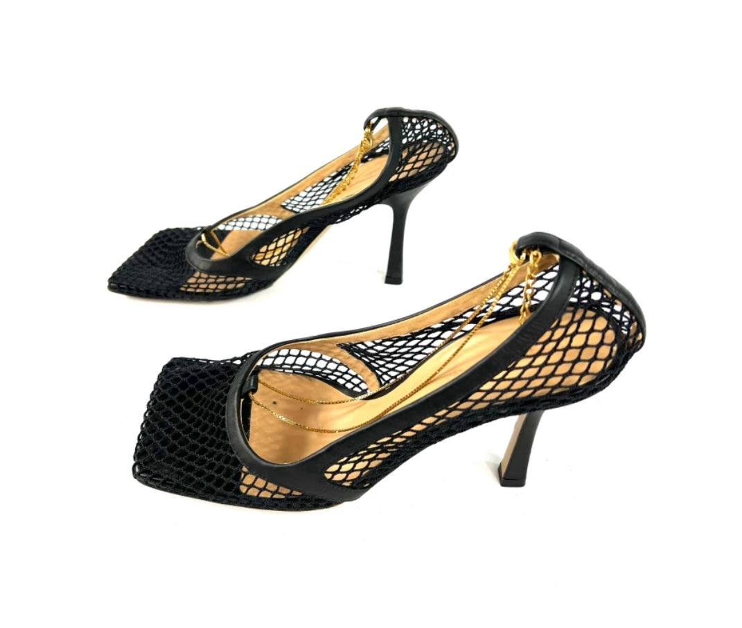 Bottega Veneta Black Stretch Mesh and Leather Square Toe Pump Heels, Size 39