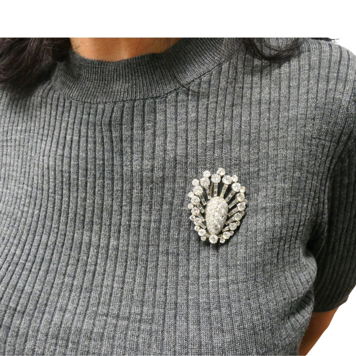 Vintage 1950s Platinum Diamond Peacock Brooch Clip Old European Baguette Cut