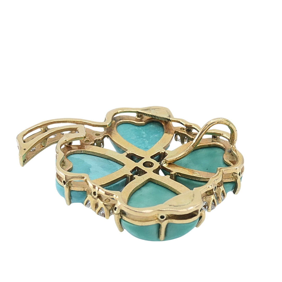Vintage 14k Gold Turquoise Heart Clover Pendant with Diamonds
