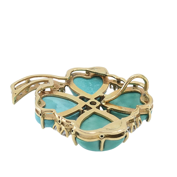 Vintage 14k Gold Turquoise Heart Clover Pendant with Diamonds